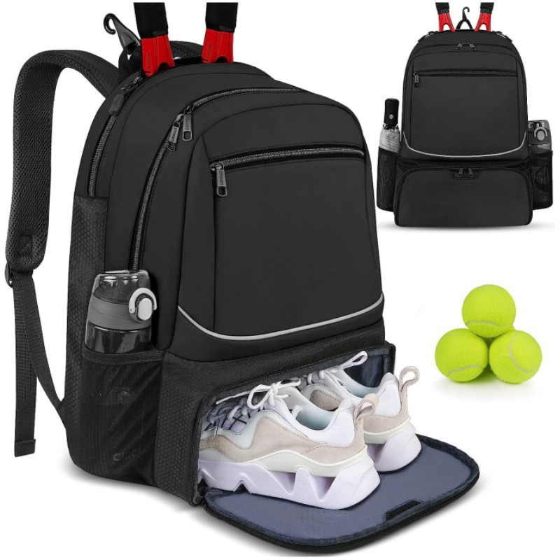 Badminton Open - 大容量テニスバックパックスポーツラケットパックは1〜2本のテニスラケットを収納可能アウトドアバドミントンバッグシューズポケット付きブラックピンク