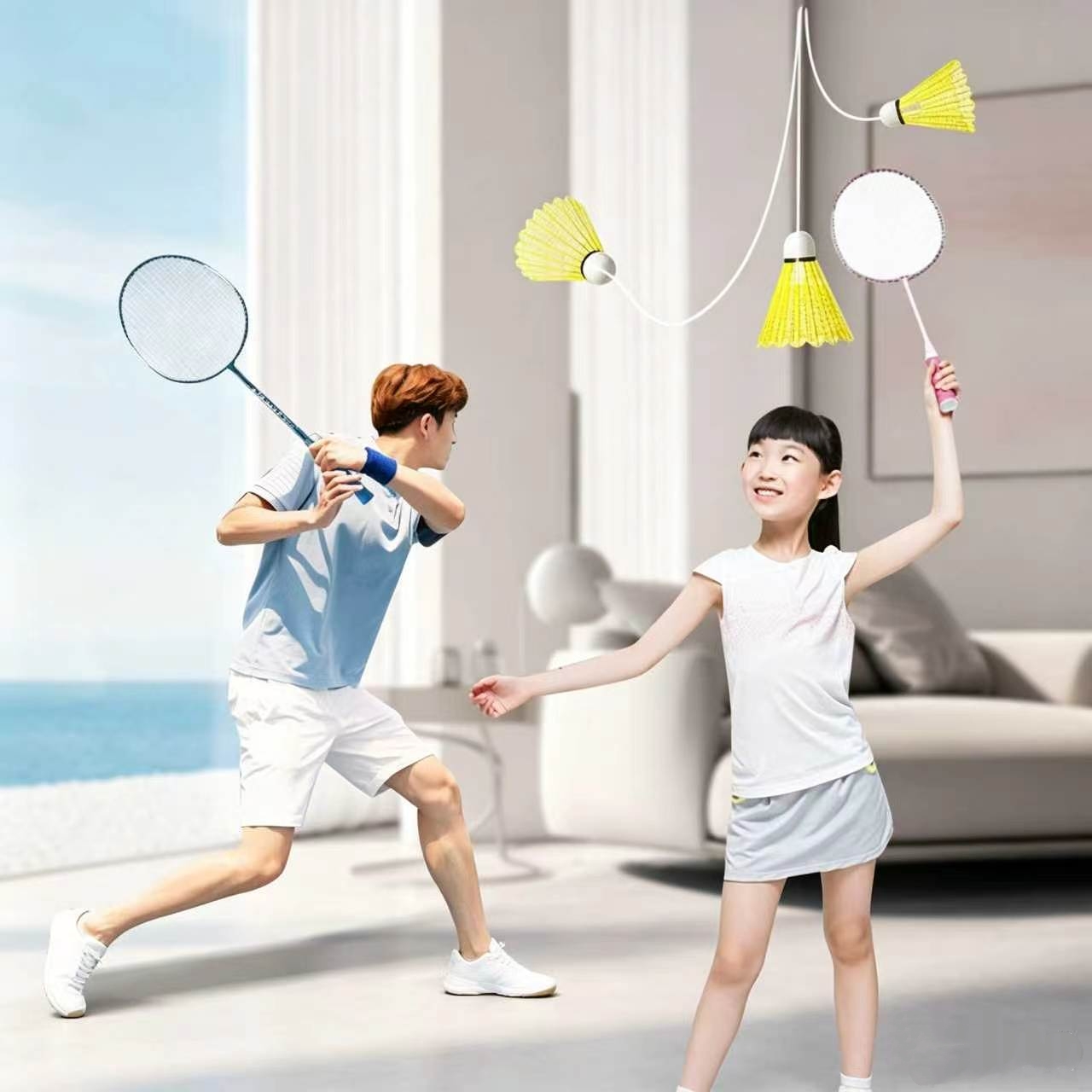 Badminton Talk - 3ピース弾性バドミントンセット、1つのラケット付き、屋内自習スイング練習用のリバウンドライン付きポータブル個別トレーナー